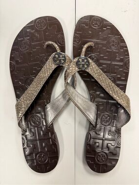 Tory Burch Metallic Bronze Logo Thong Sandals size 8